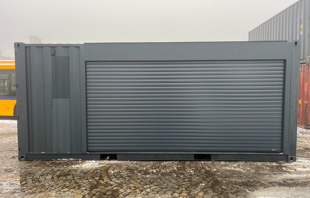 6-Meter-Container mit Rolltor und Eingangstür RAL 7016