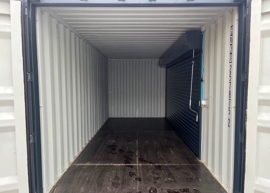 6-Meter-Container mit Rolltor und Eingangstür RAL 7016