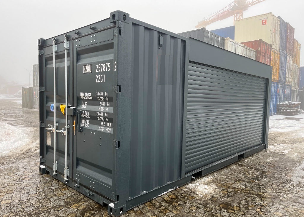 6-Meter-Container mit Rolltor und Eingangstür RAL 7016