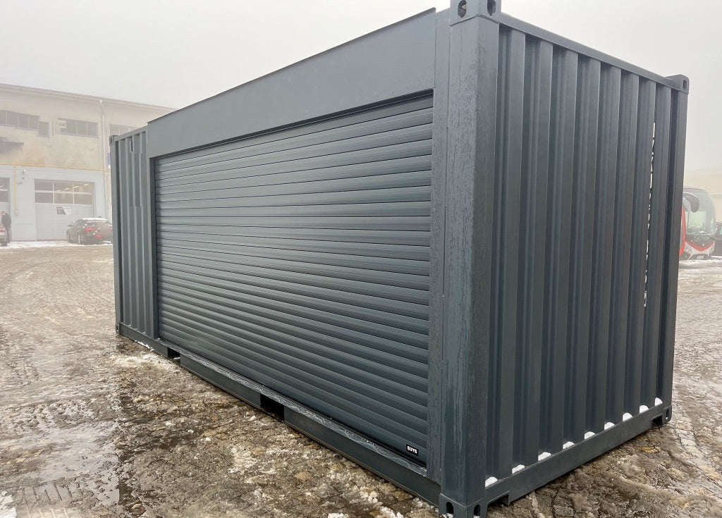 6-Meter-Container mit Rolltor und Eingangstür RAL 7016