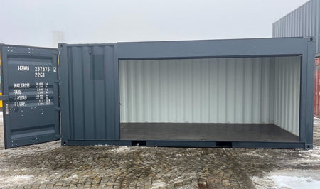6-Meter-Container mit Rolltor und Eingangstür RAL 7016